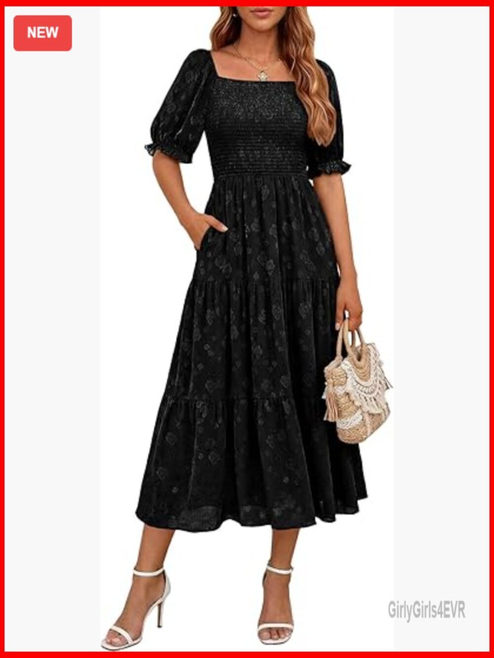 Boho Square Neck Smocked Midi Dress with Pockets